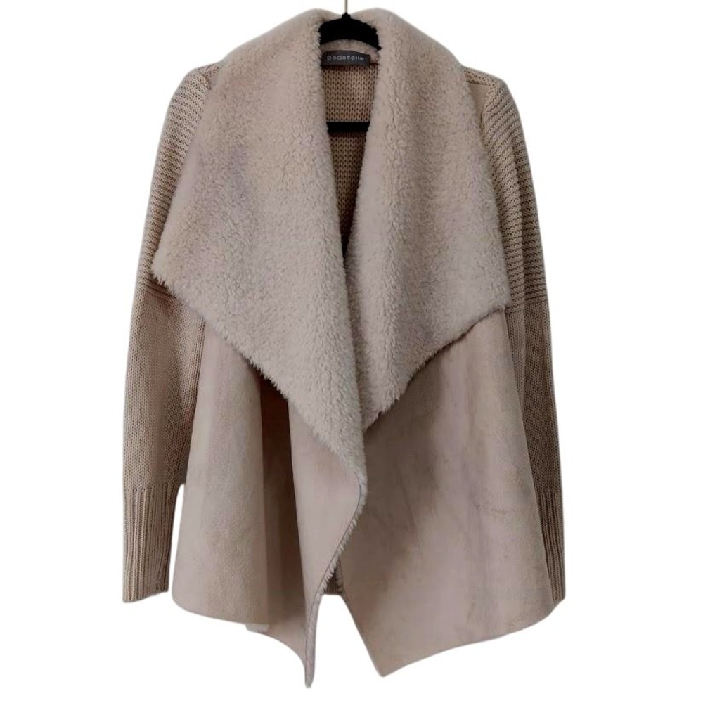 Bagatelle Cardigan Womens Medium Beige Open Front‎ Faux Shearling Knit Sweater